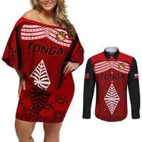 Tonga Rugby Couples Matching Off Shoulder Short Dress and Long Sleeve Button Shirts Go Champions World Cup 2023 Ngatu Unique LT9 Red - Polynesian Pride