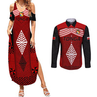 Tonga Rugby Couples Matching Summer Maxi Dress and Long Sleeve Button Shirts Go Champions World Cup 2023 Ngatu Unique LT9 Red - Polynesian Pride
