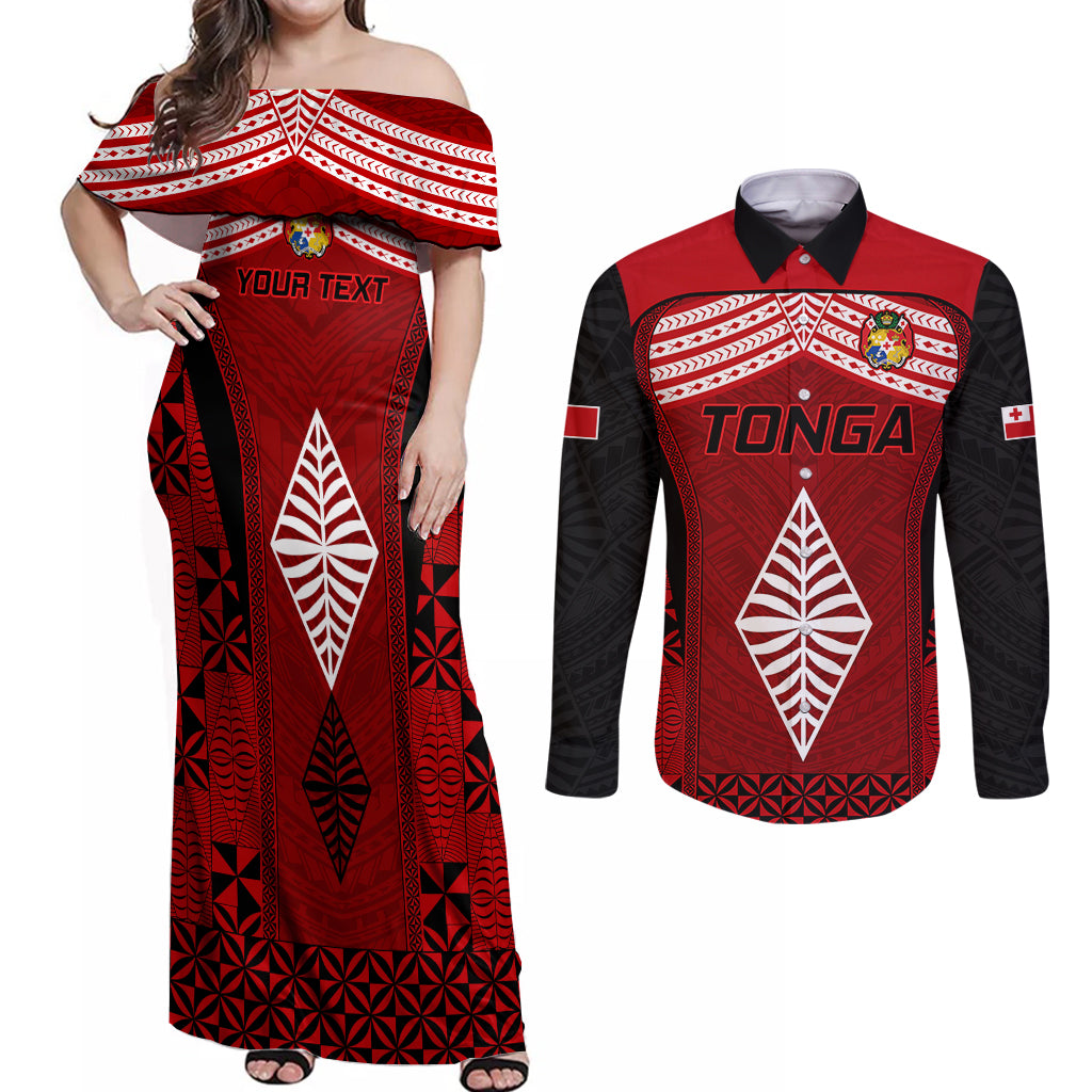 Custom Tonga Rugby Couples Matching Off Shoulder Maxi Dress and Long Sleeve Button Shirts Go Champions World Cup 2023 Ngatu Unique LT9 Red - Polynesian Pride