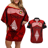 Custom Tonga Rugby Couples Matching Off Shoulder Short Dress and Hawaiian Shirt Go Champions World Cup 2023 Ngatu Unique LT9 Red - Polynesian Pride