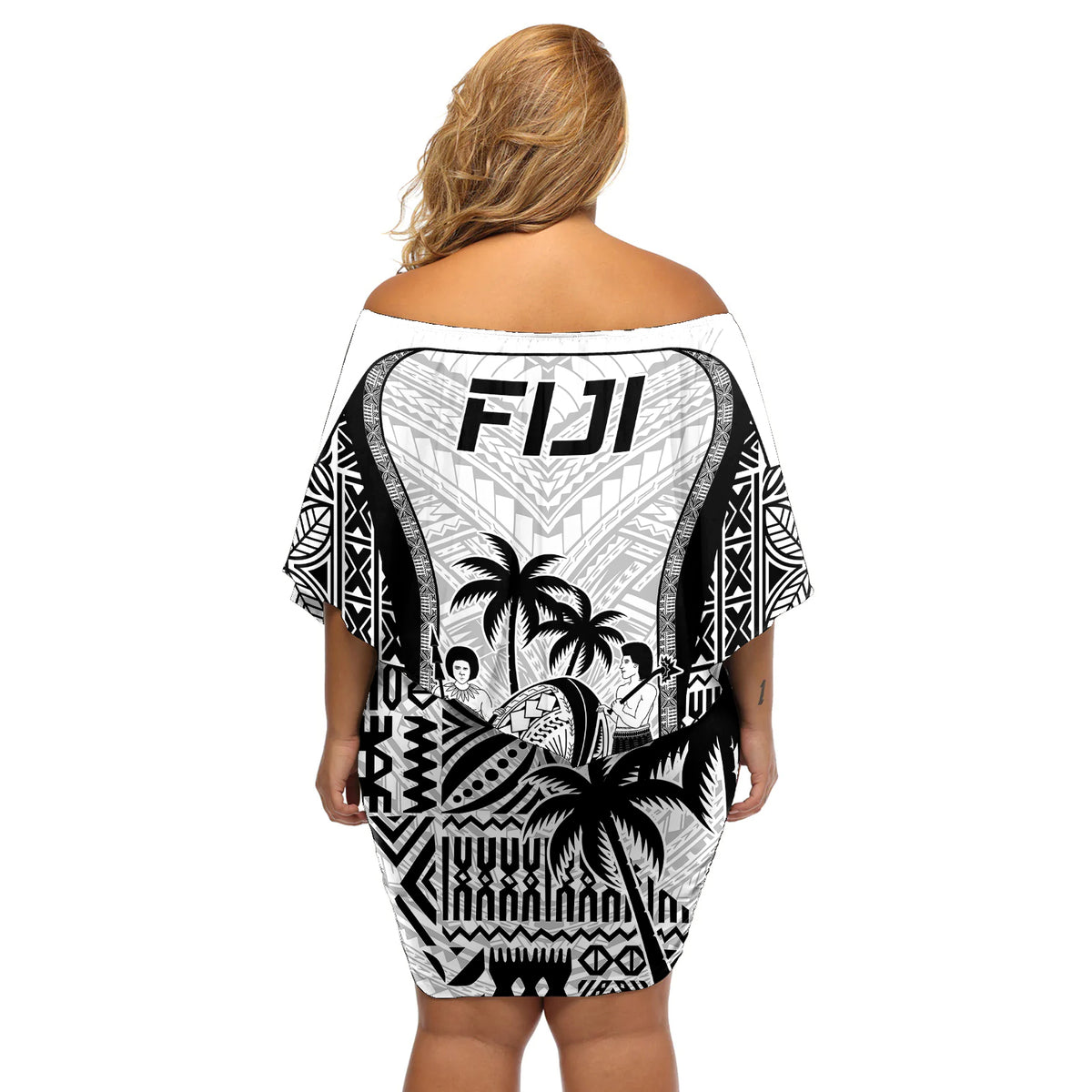 Fiji Rugby Off Shoulder Short Dress Go Champions World Cup 2023 Tapa Unique White Vibe LT9 - Polynesian Pride