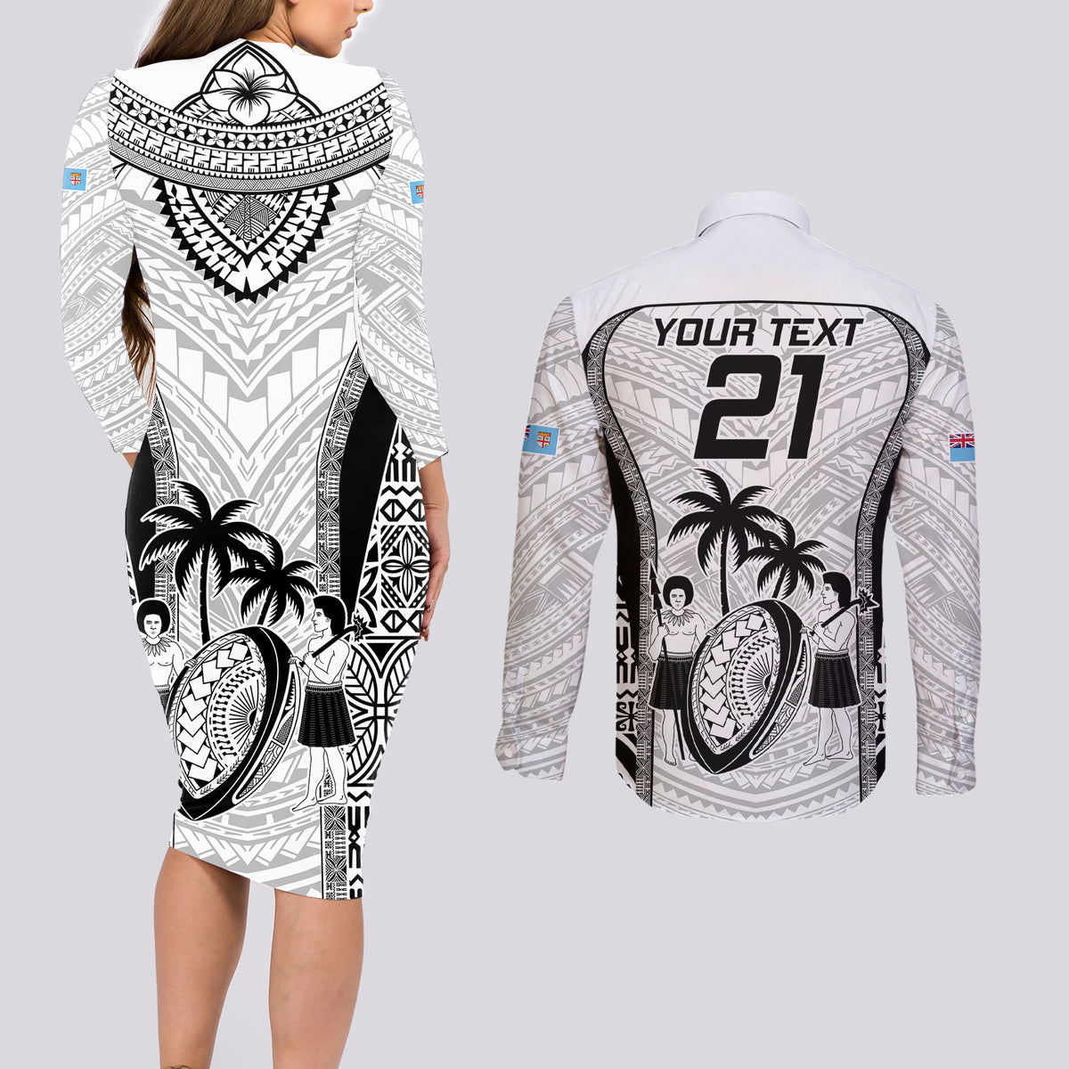Custom Fiji Rugby Couples Matching Long Sleeve Bodycon Dress and Long Sleeve Button Shirts Go Champions World Cup 2023 Tapa Unique White Vibe LT9 - Polynesian Pride