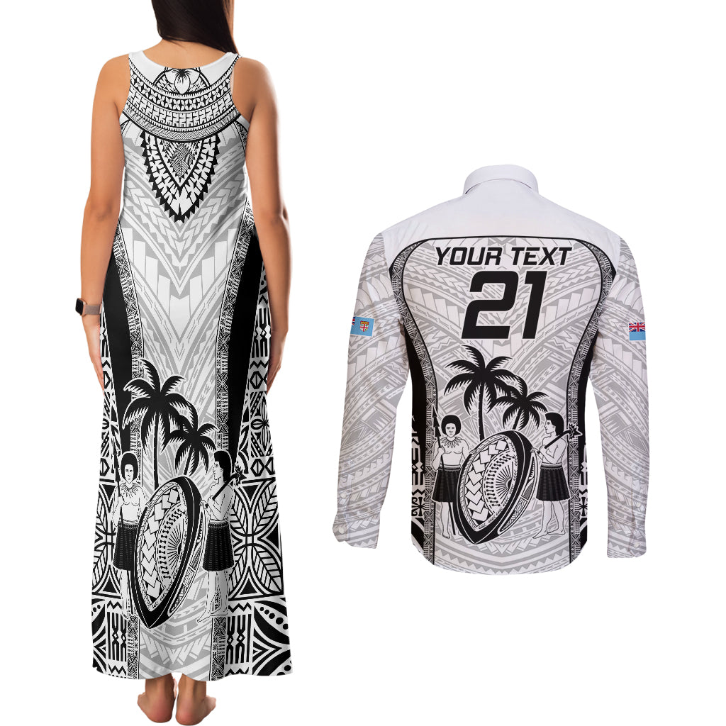 Custom Fiji Rugby Couples Matching Tank Maxi Dress and Long Sleeve Button Shirts Go Champions World Cup 2023 Tapa Unique White Vibe LT9 - Polynesian Pride