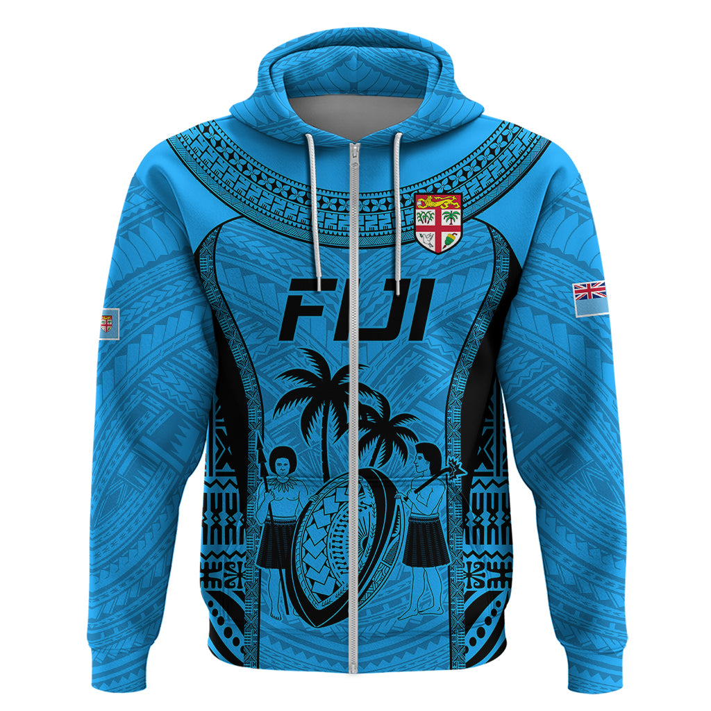 Fiji Rugby Hoodie Go Champions World Cup 2023 Tapa Unique Blue Vibe LT9 Zip Hoodie Blue - Polynesian Pride
