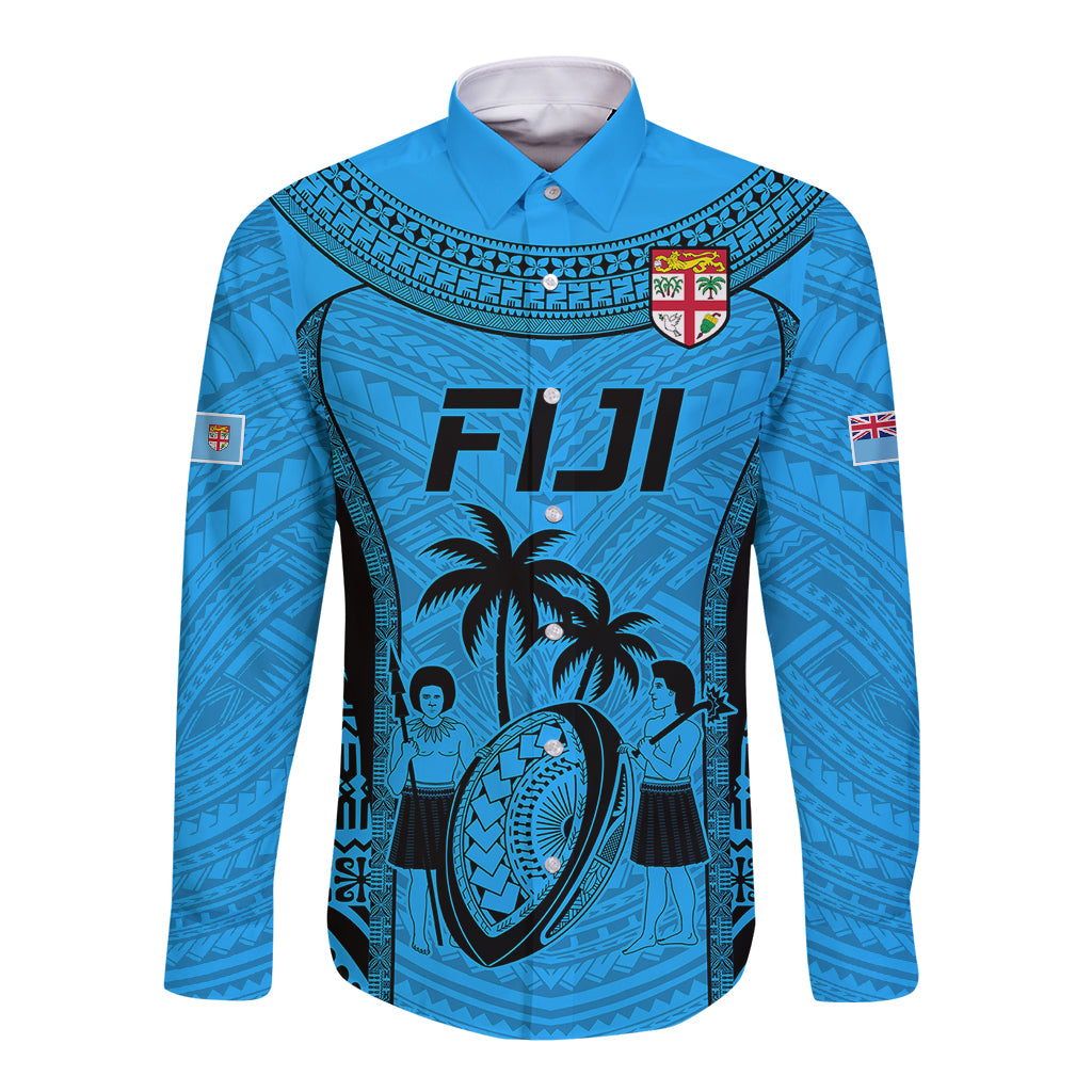 Fiji Rugby Long Sleeve Button Shirt Go Champions World Cup 2023 Tapa Unique Blue Vibe LT9 Unisex Blue - Polynesian Pride