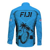 Fiji Rugby Long Sleeve Button Shirt Go Champions World Cup 2023 Tapa Unique Blue Vibe LT9 - Polynesian Pride