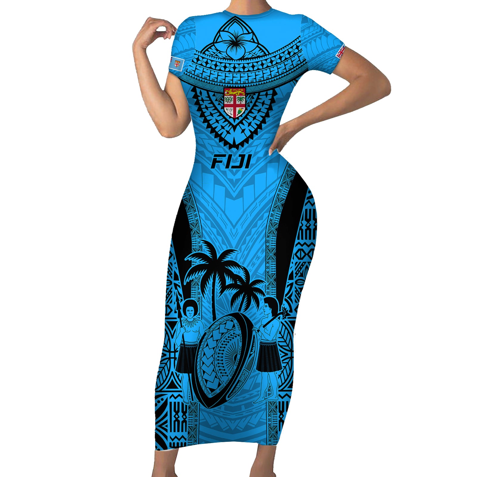 Fiji Rugby Short Sleeve Bodycon Dress Go Champions World Cup 2023 Tapa Unique Blue Vibe LT9 Long Dress Blue - Polynesian Pride