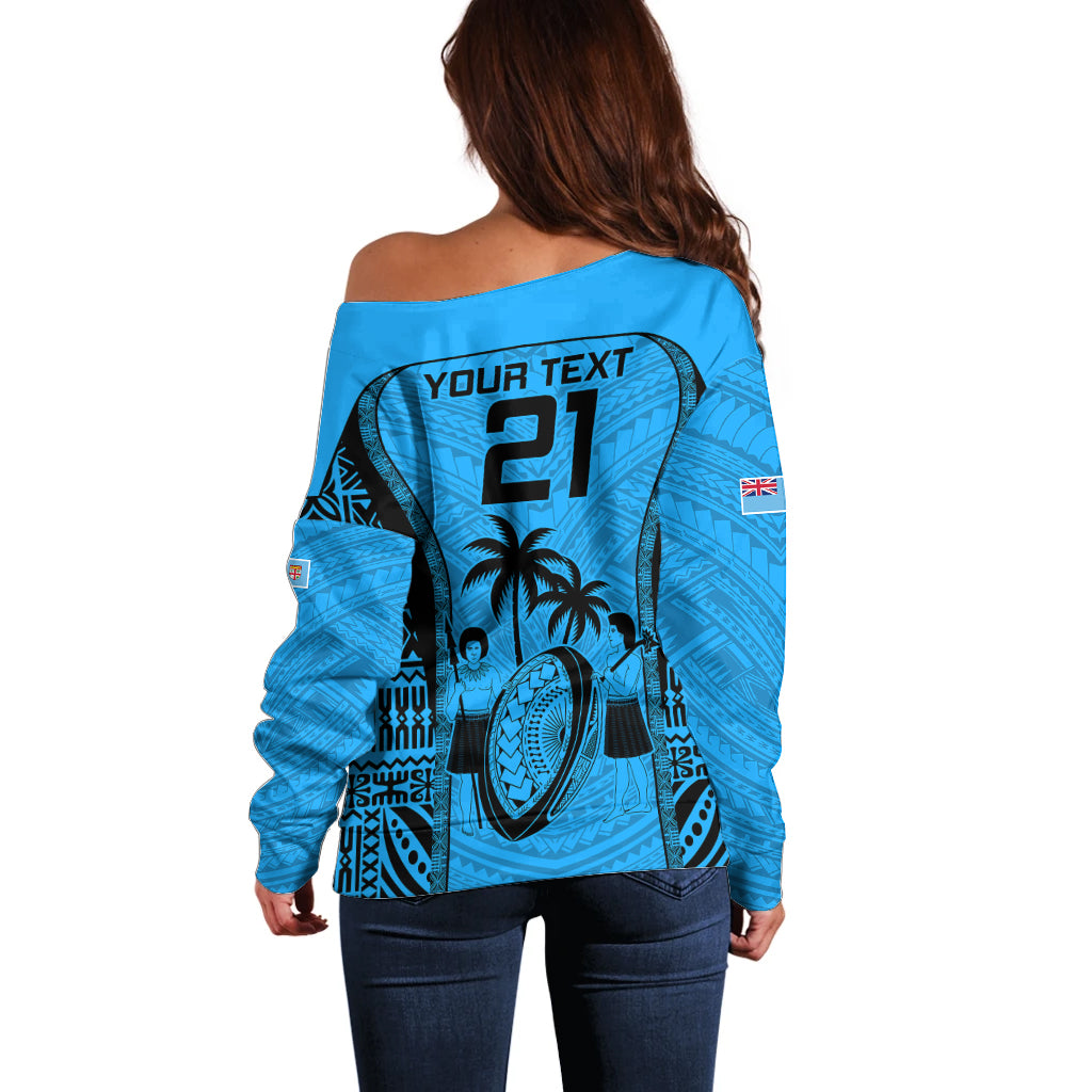 Custom Fiji Rugby Off Shoulder Sweater Go Champions World Cup 2023 Tapa Unique Blue Vibe LT9 - Polynesian Pride