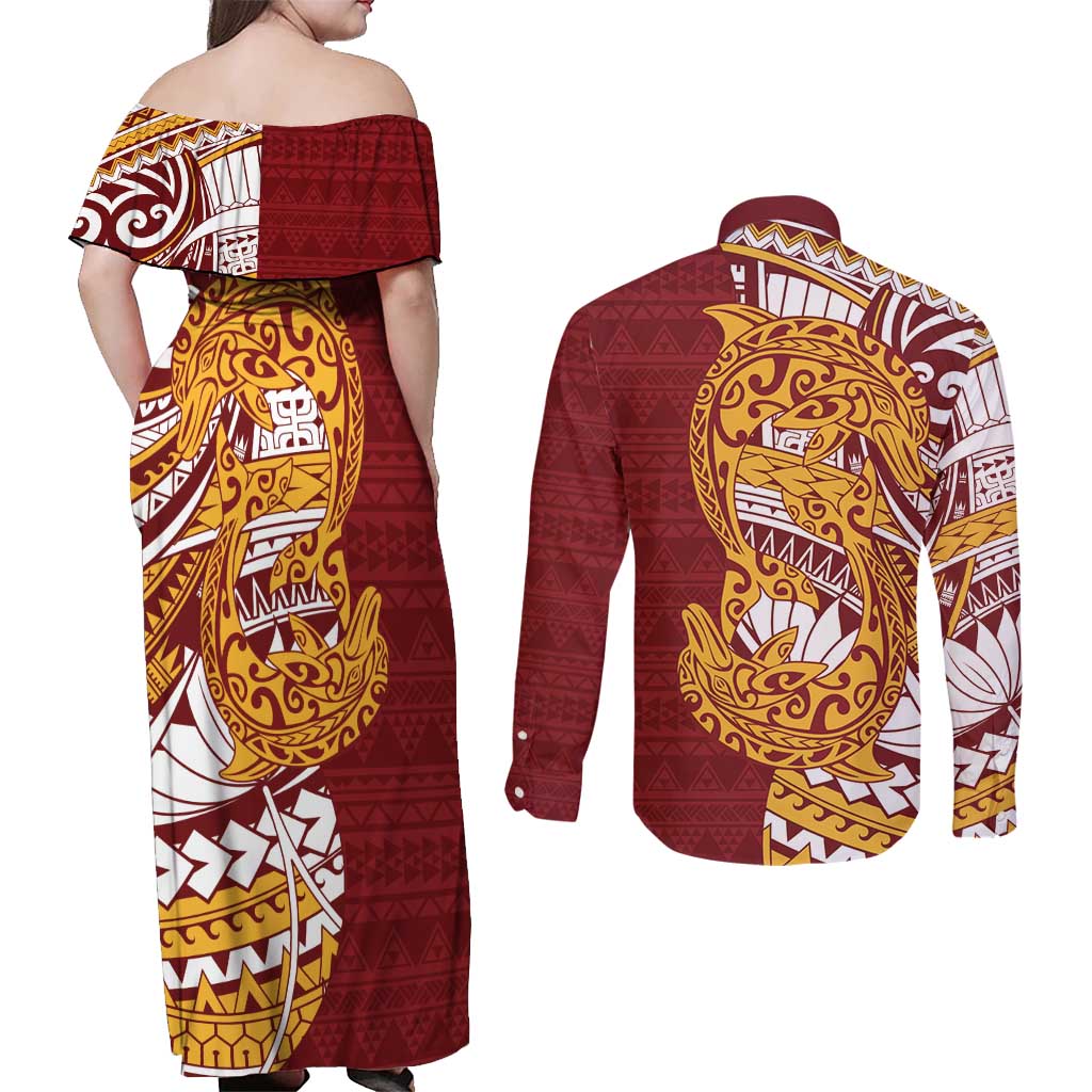 Couple Dolphins Maori Motif Couples Matching Off Shoulder Maxi Dress and Long Sleeve Button Shirt - Polynesian Pride
