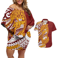 Couple Dolphins Maori Motif Couples Matching Off Shoulder Short Dress and Hawaiian Shirt - Polynesian Pride