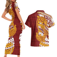 Couple Dolphins Maori Motif Couples Matching Short Sleeve Bodycon Dress and Hawaiian Shirt - Polynesian Pride