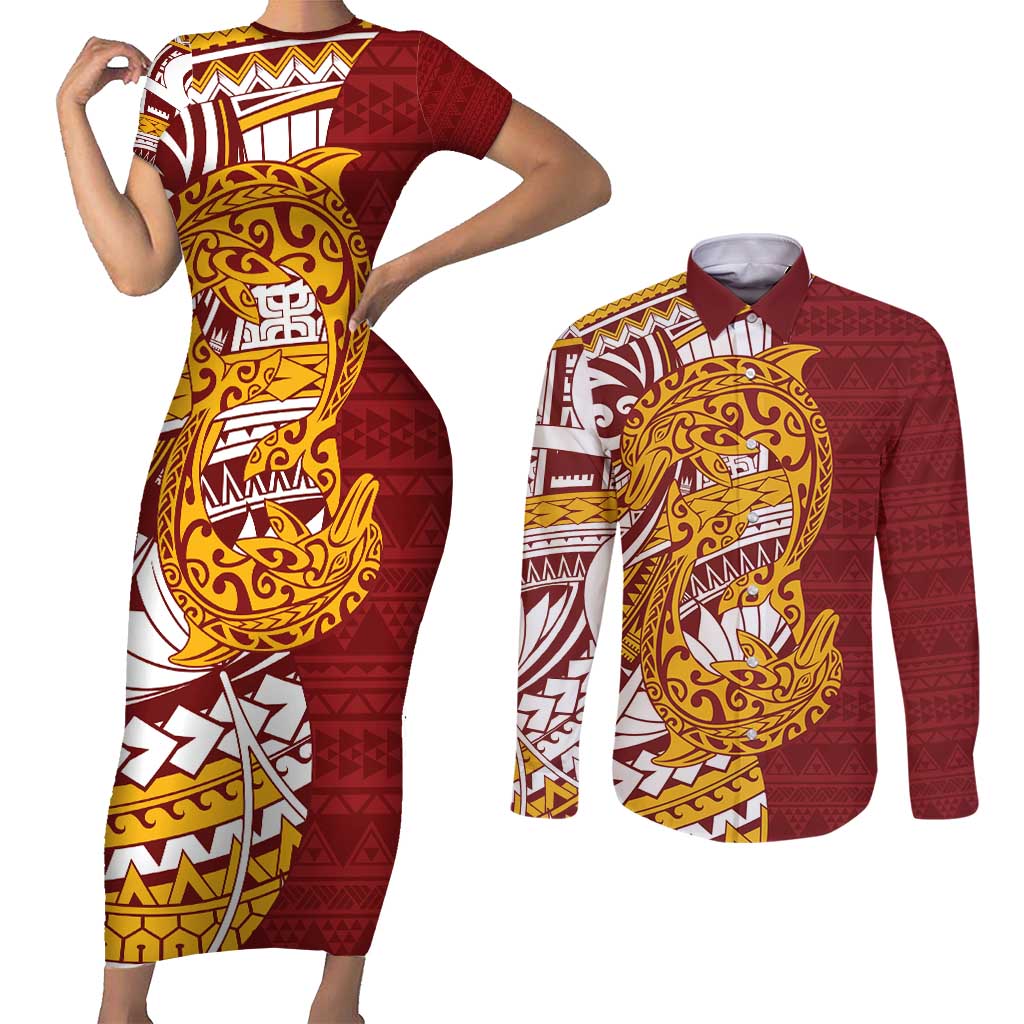 Couple Dolphins Maori Motif Couples Matching Short Sleeve Bodycon Dress and Long Sleeve Button Shirt - Polynesian Pride