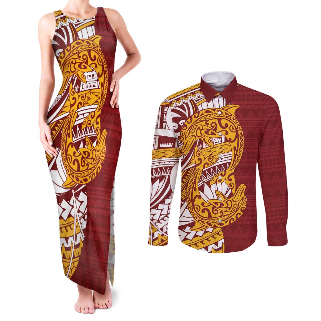 Couple Dolphins Maori Motif Couples Matching Tank Maxi Dress and Long Sleeve Button Shirt - Polynesian Pride