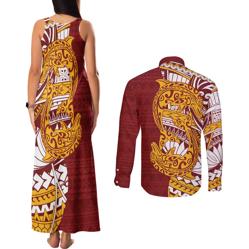 Couple Dolphins Maori Motif Couples Matching Tank Maxi Dress and Long Sleeve Button Shirt - Polynesian Pride