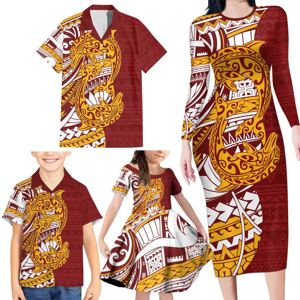 Couple Dolphins Maori Motif Family Matching Long Sleeve Bodycon Dress and Hawaiian Shirt - Polynesian Pride