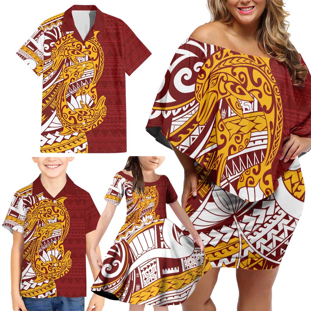 Couple Dolphins Maori Motif Family Matching Off Shoulder Short Dress and Hawaiian Shirt - Polynesian Pride