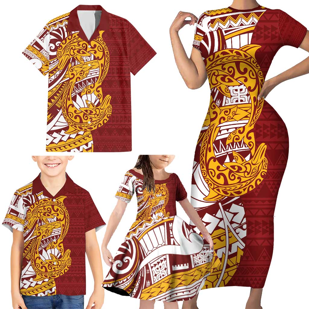 Couple Dolphins Maori Motif Family Matching Short Sleeve Bodycon Dress and Hawaiian Shirt - Polynesian Pride