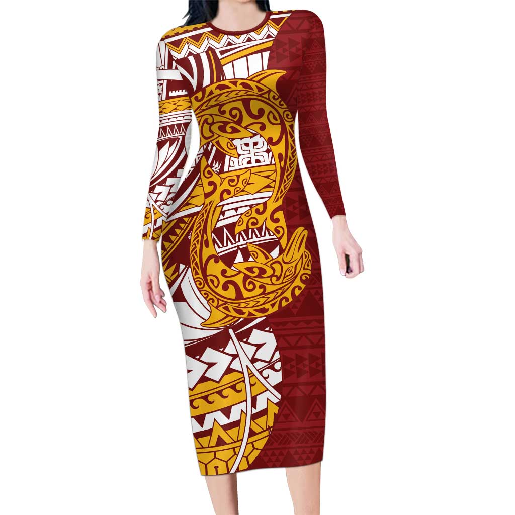 Couple Dolphins Maori Motif Long Sleeve Bodycon Dress - Polynesian Pride