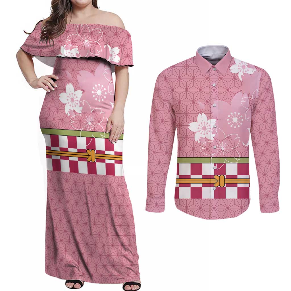 Japanese Asanoha Pattern Couples Matching Off Shoulder Maxi Dress and Long Sleeve Button Shirt Charm Against Evil Spirits - Polynesian Pride