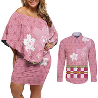 Japanese Asanoha Pattern Couples Matching Off Shoulder Short Dress and Long Sleeve Button Shirt Charm Against Evil Spirits - Polynesian Pride