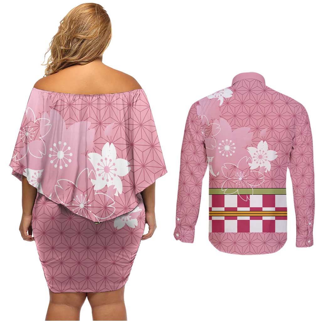 Japanese Asanoha Pattern Couples Matching Off Shoulder Short Dress and Long Sleeve Button Shirt Charm Against Evil Spirits - Polynesian Pride