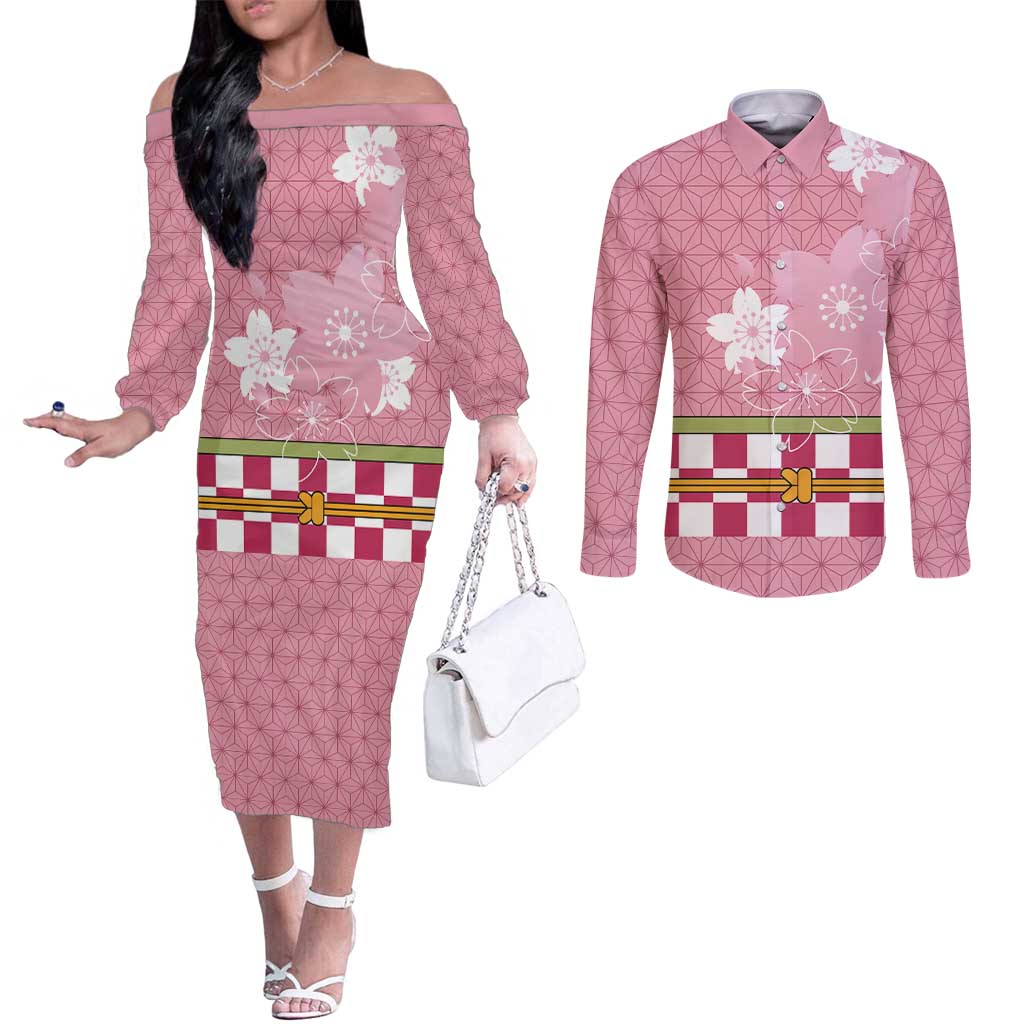 Japanese Asanoha Pattern Couples Matching Off The Shoulder Long Sleeve Dress and Long Sleeve Button Shirt Charm Against Evil Spirits LT9 Pink - Polynesian Pride