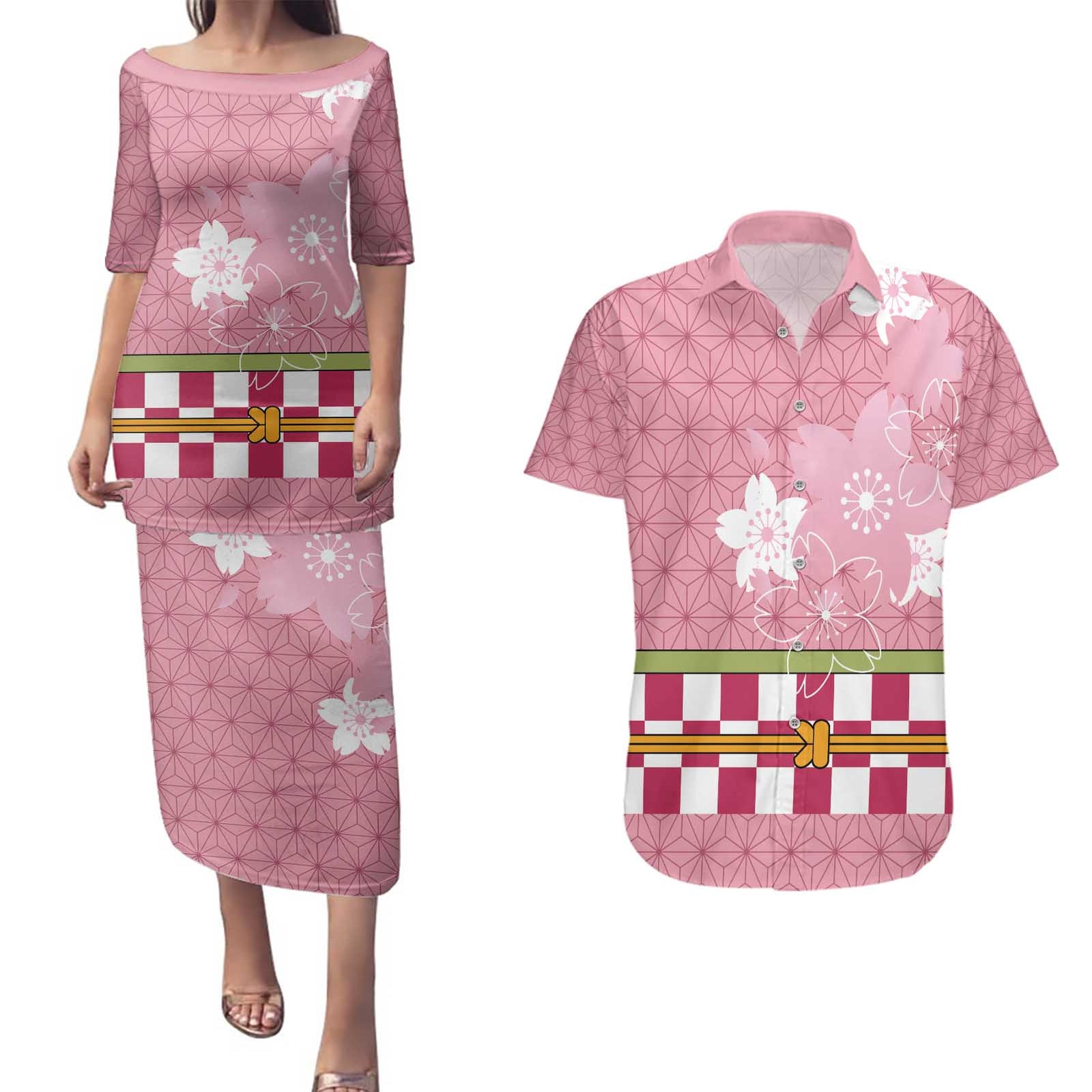 Japanese Asanoha Pattern Couples Matching Puletasi and Hawaiian Shirt Charm Against Evil Spirits - Polynesian Pride