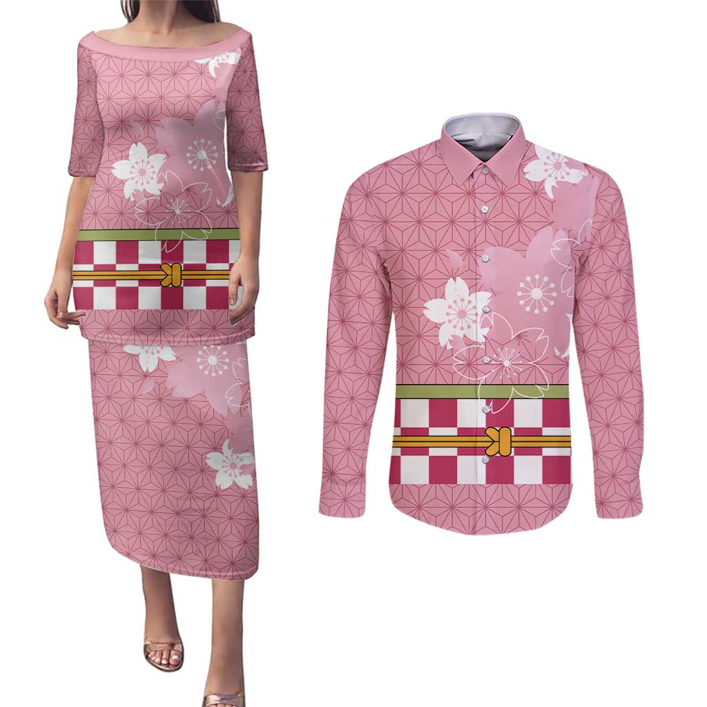 Japanese Asanoha Pattern Couples Matching Puletasi and Long Sleeve Button Shirt Charm Against Evil Spirits LT9 Pink - Polynesian Pride