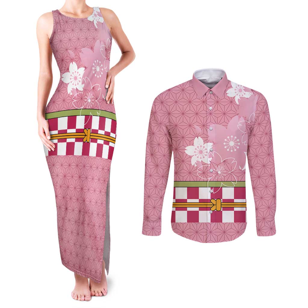 Japanese Asanoha Pattern Couples Matching Tank Maxi Dress and Long Sleeve Button Shirt Charm Against Evil Spirits LT9 Pink - Polynesian Pride