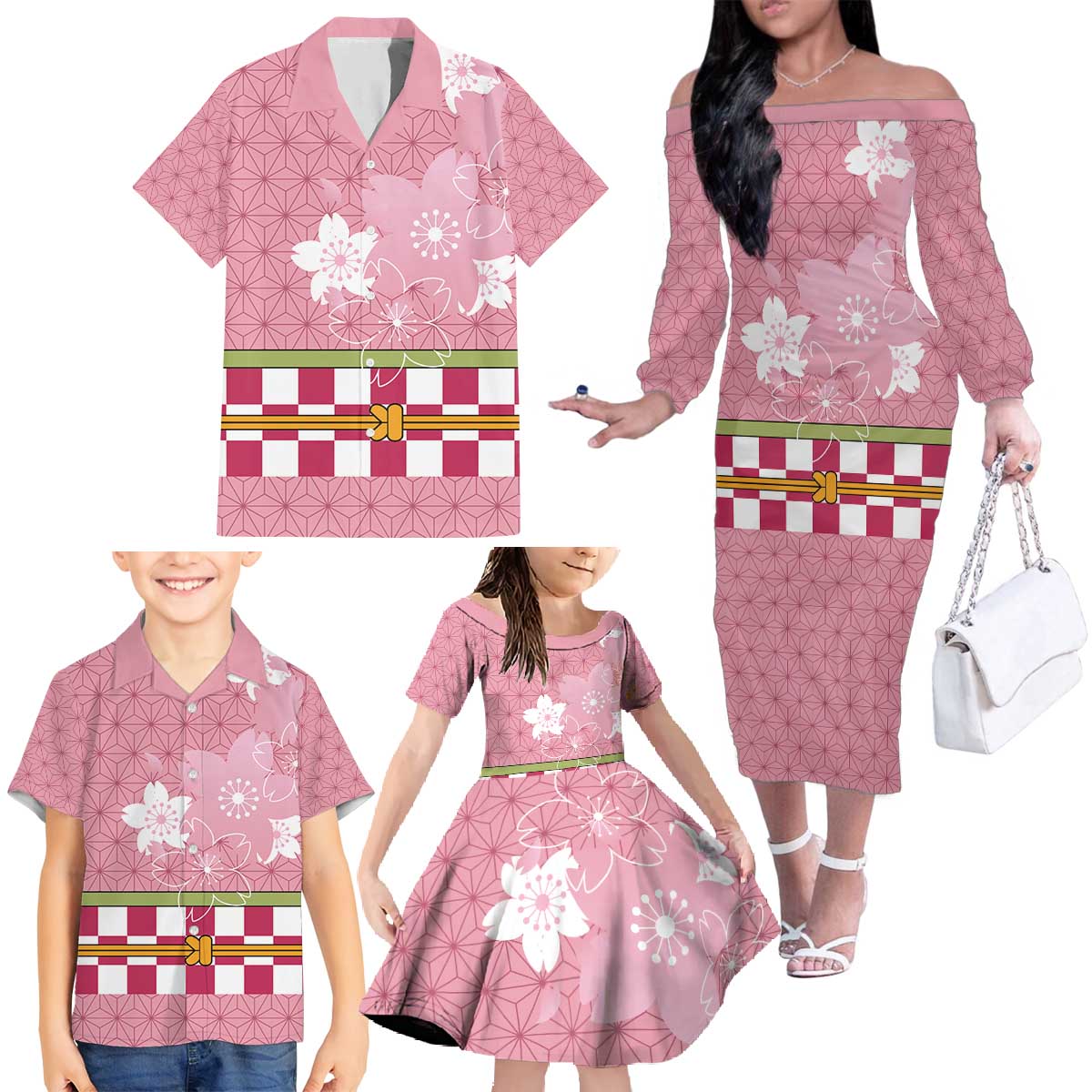 Japanese Asanoha Pattern Family Matching Off The Shoulder Long Sleeve Dress and Hawaiian Shirt Charm Against Evil Spirits - Polynesian Pride