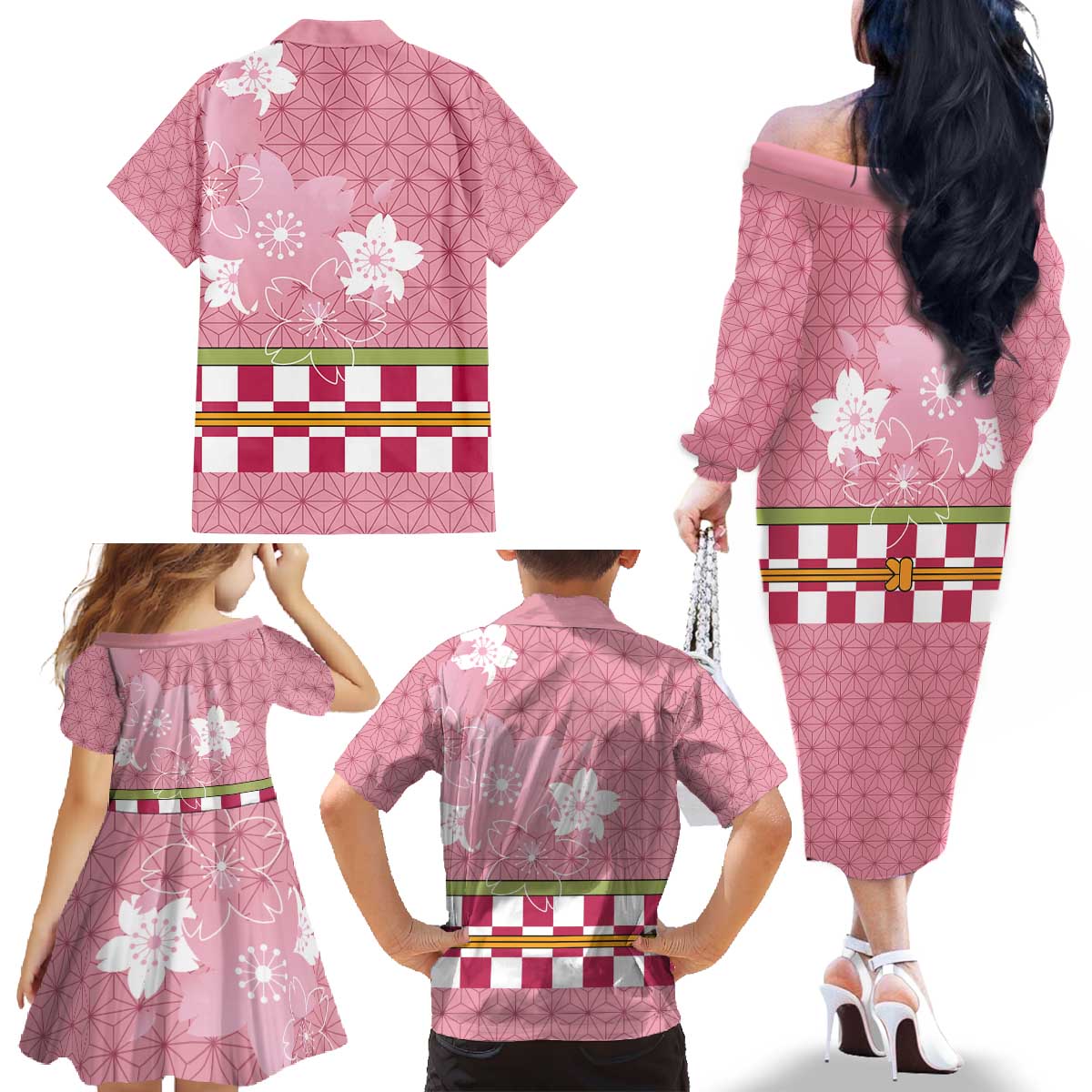Japanese Asanoha Pattern Family Matching Off The Shoulder Long Sleeve Dress and Hawaiian Shirt Charm Against Evil Spirits - Polynesian Pride