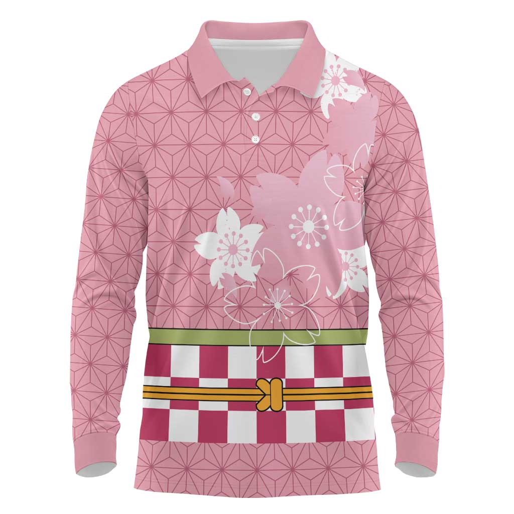Japanese Asanoha Pattern Long Sleeve Polo Shirt Charm Against Evil Spirits LT9 Pink - Polynesian Pride