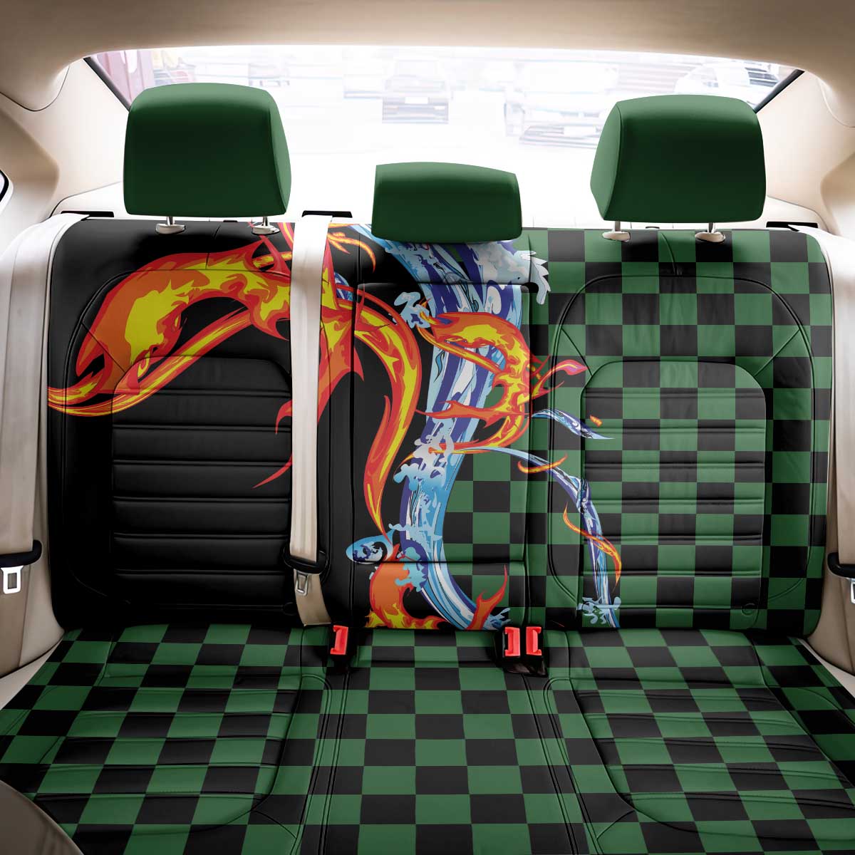 Japanese Asanoha Pattern Back Car Seat Cover Sun Flame Slayer Dragon Hinokami Kagura Spirit - Polynesian Pride