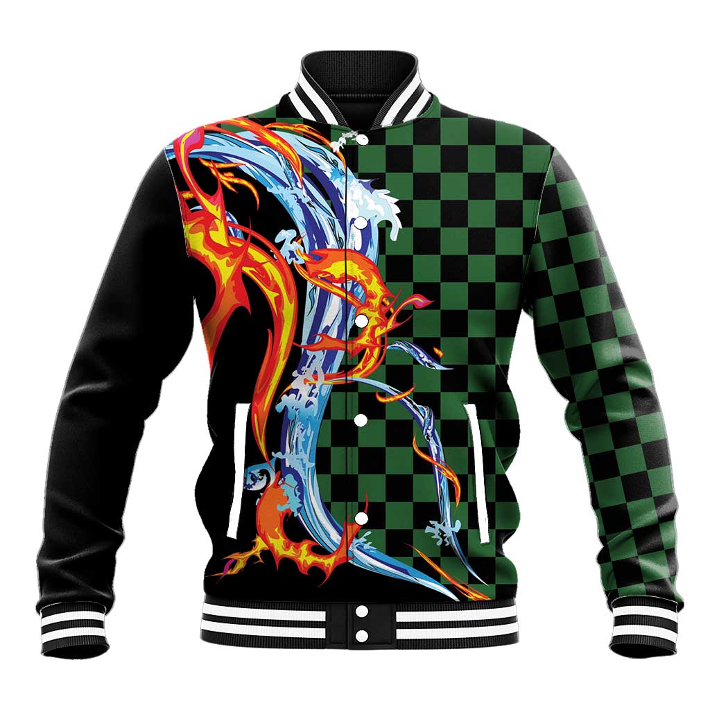 Japanese Asanoha Pattern Baseball Jacket Sun Flame Slayer Dragon Hinokami Kagura Spirit LT9 Unisex Green - Polynesian Pride
