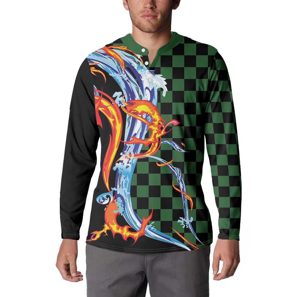 Japanese Asanoha Pattern Button Sweatshirt Sun Flame Slayer Dragon Hinokami Kagura Spirit - Polynesian Pride