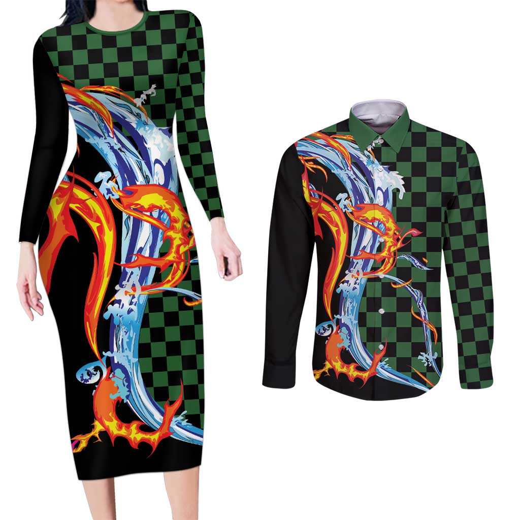 Japanese Asanoha Pattern Couples Matching Long Sleeve Bodycon Dress and Long Sleeve Button Shirt Sun Flame Slayer Dragon Hinokami Kagura Spirit LT9 Green - Polynesian Pride