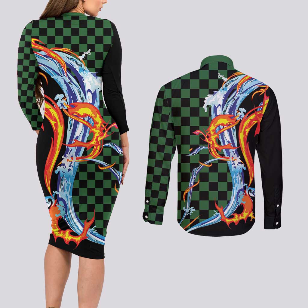 Japanese Asanoha Pattern Couples Matching Long Sleeve Bodycon Dress and Long Sleeve Button Shirt Sun Flame Slayer Dragon Hinokami Kagura Spirit - Polynesian Pride