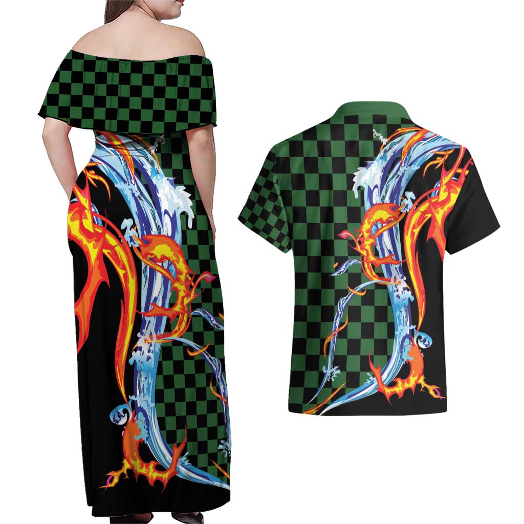 Japanese Asanoha Pattern Couples Matching Off Shoulder Maxi Dress and Hawaiian Shirt Sun Flame Slayer Dragon Hinokami Kagura Spirit - Polynesian Pride