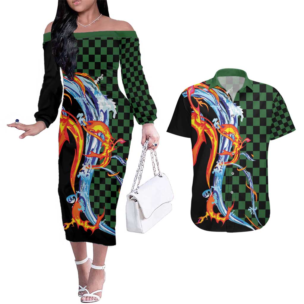 Japanese Asanoha Pattern Couples Matching Off The Shoulder Long Sleeve Dress and Hawaiian Shirt Sun Flame Slayer Dragon Hinokami Kagura Spirit - Polynesian Pride