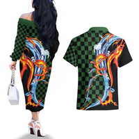 Japanese Asanoha Pattern Couples Matching Off The Shoulder Long Sleeve Dress and Hawaiian Shirt Sun Flame Slayer Dragon Hinokami Kagura Spirit - Polynesian Pride