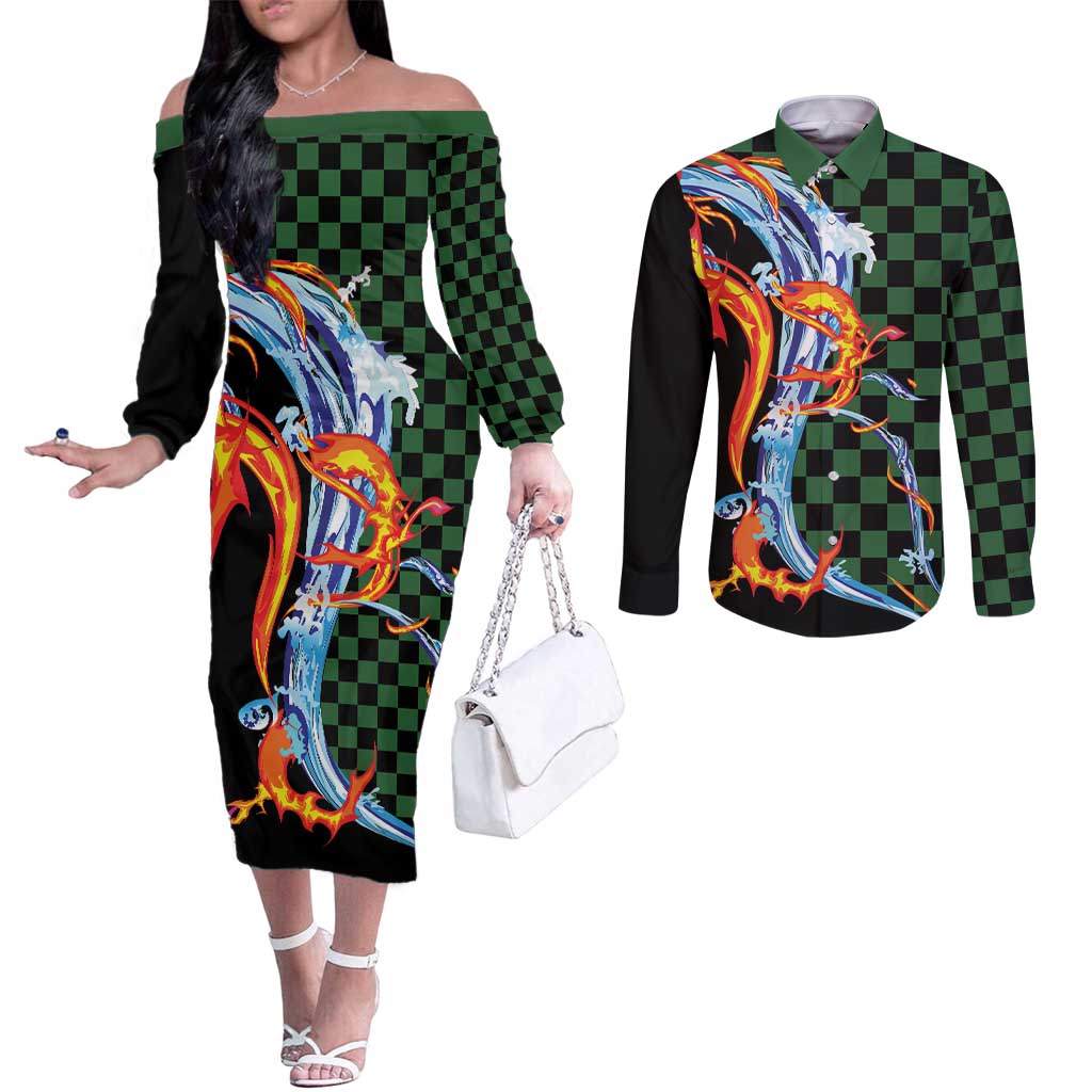 Japanese Asanoha Pattern Couples Matching Off The Shoulder Long Sleeve Dress and Long Sleeve Button Shirt Sun Flame Slayer Dragon Hinokami Kagura Spirit LT9 Green - Polynesian Pride