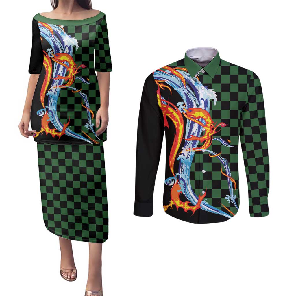 Japanese Asanoha Pattern Couples Matching Puletasi and Long Sleeve Button Shirt Sun Flame Slayer Dragon Hinokami Kagura Spirit LT9 Green - Polynesian Pride
