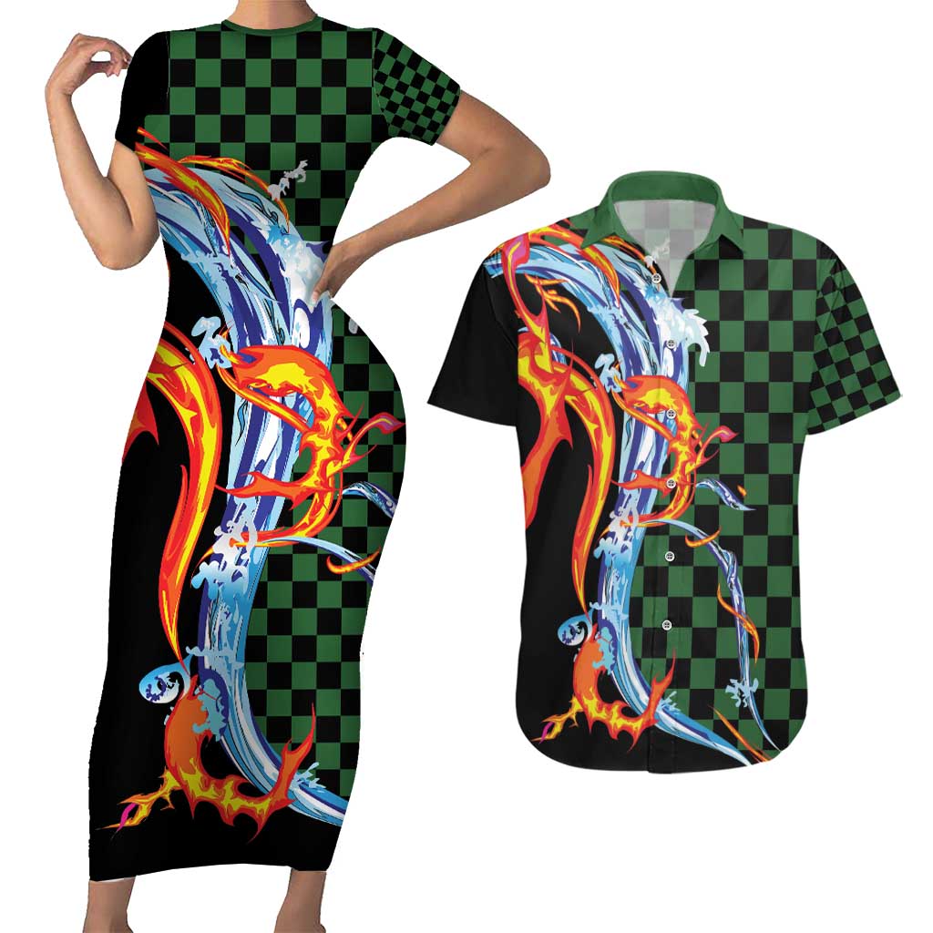 Japanese Asanoha Pattern Couples Matching Short Sleeve Bodycon Dress and Hawaiian Shirt Sun Flame Slayer Dragon Hinokami Kagura Spirit - Polynesian Pride