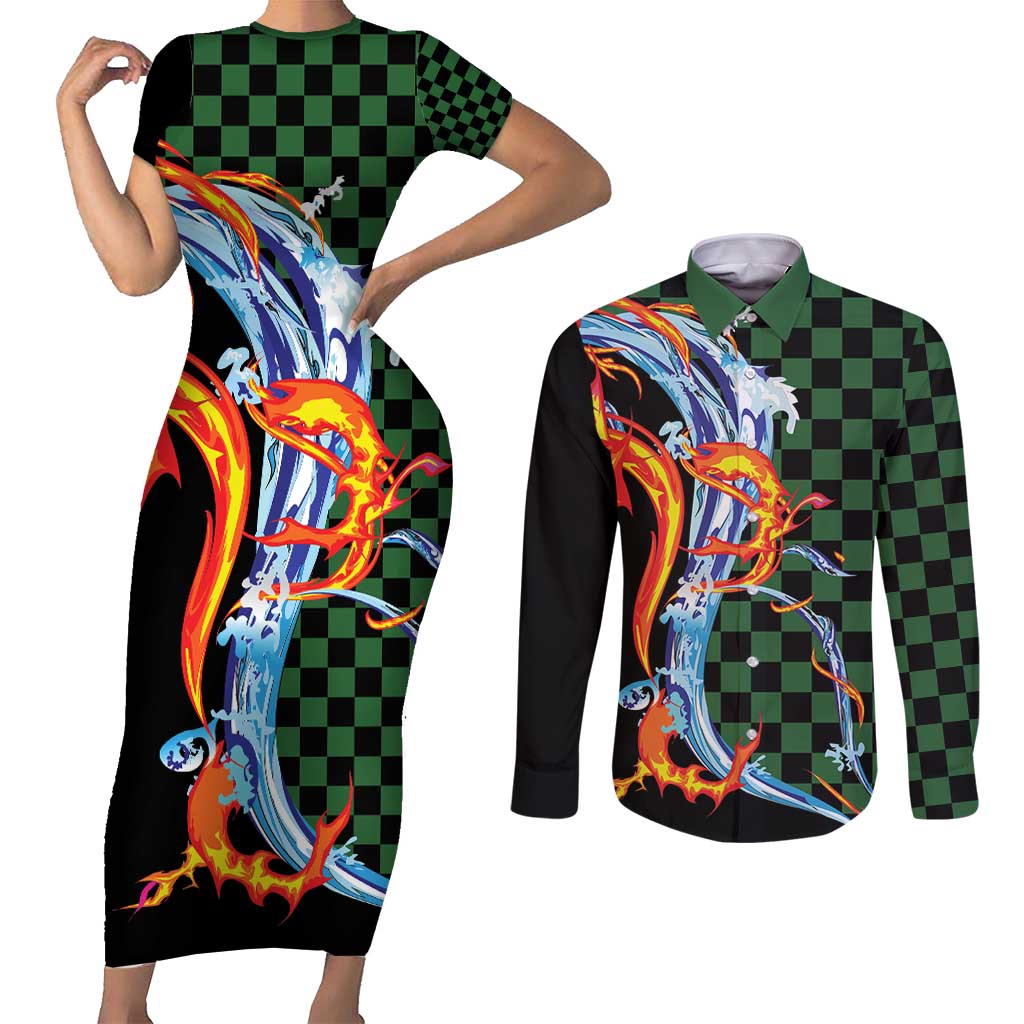 Japanese Asanoha Pattern Couples Matching Short Sleeve Bodycon Dress and Long Sleeve Button Shirt Sun Flame Slayer Dragon Hinokami Kagura Spirit LT9 Green - Polynesian Pride