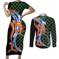 Japanese Asanoha Pattern Couples Matching Short Sleeve Bodycon Dress and Long Sleeve Button Shirt Sun Flame Slayer Dragon Hinokami Kagura Spirit - Polynesian Pride