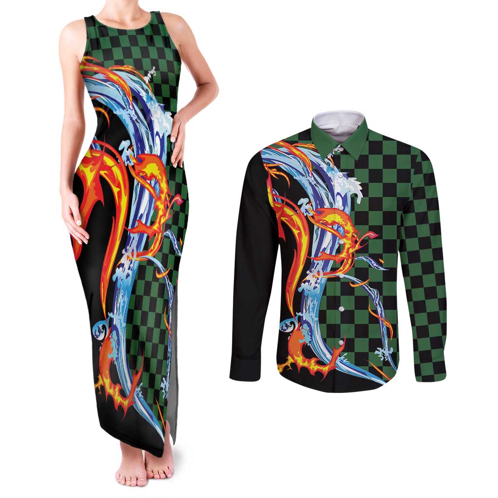 Japanese Asanoha Pattern Couples Matching Tank Maxi Dress and Long Sleeve Button Shirt Sun Flame Slayer Dragon Hinokami Kagura Spirit LT9 Green - Polynesian Pride