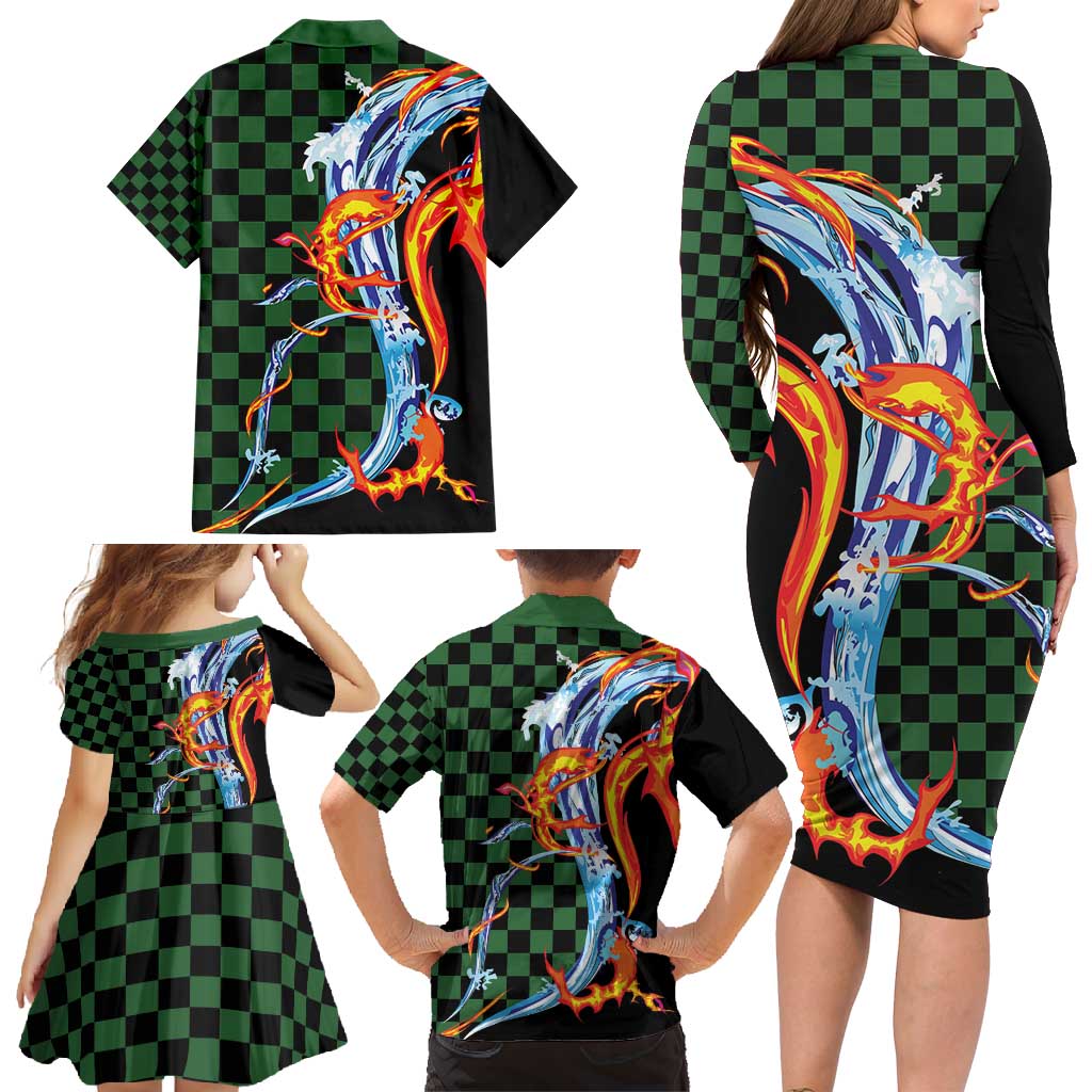 Japanese Asanoha Pattern Family Matching Long Sleeve Bodycon Dress and Hawaiian Shirt Sun Flame Slayer Dragon Hinokami Kagura Spirit - Polynesian Pride