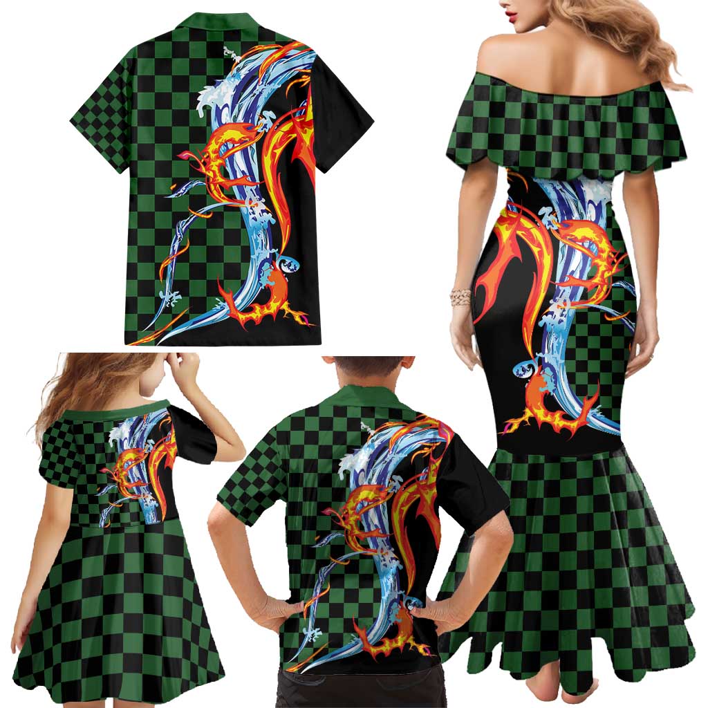 Japanese Asanoha Pattern Family Matching Mermaid Dress and Hawaiian Shirt Sun Flame Slayer Dragon Hinokami Kagura Spirit - Polynesian Pride