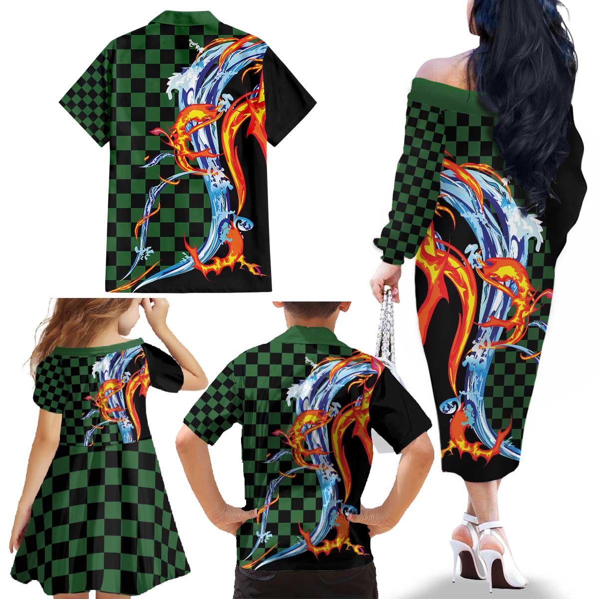 Japanese Asanoha Pattern Family Matching Off The Shoulder Long Sleeve Dress and Hawaiian Shirt Sun Flame Slayer Dragon Hinokami Kagura Spirit - Polynesian Pride