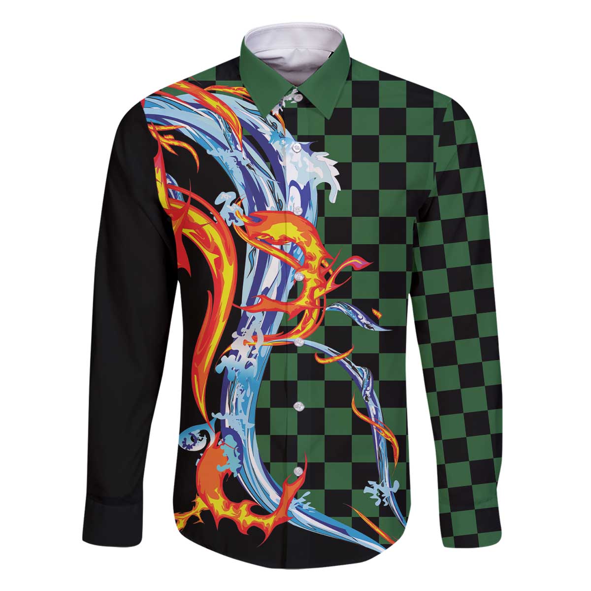 Japanese Asanoha Pattern Family Matching Off The Shoulder Long Sleeve Dress and Hawaiian Shirt Sun Flame Slayer Dragon Hinokami Kagura Spirit - Polynesian Pride